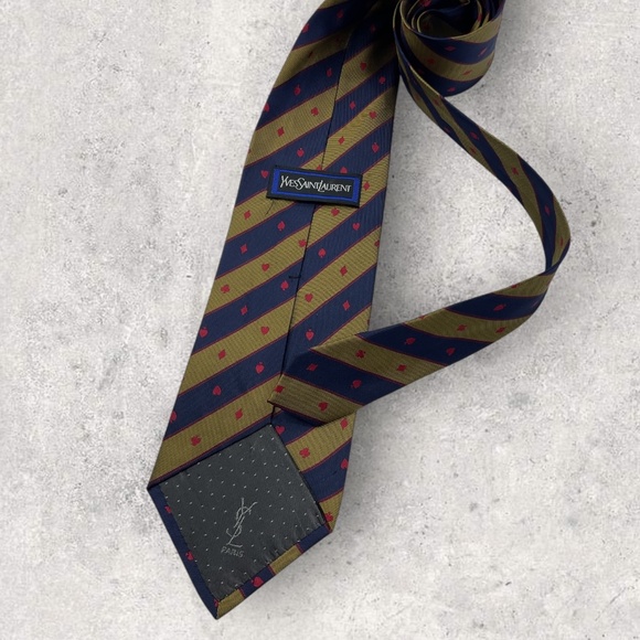 YVES SAINT LAURENT Navy/Gold Striped Card Game Colors Silk LUXURY Tie ITALY - Picture 2 of 5